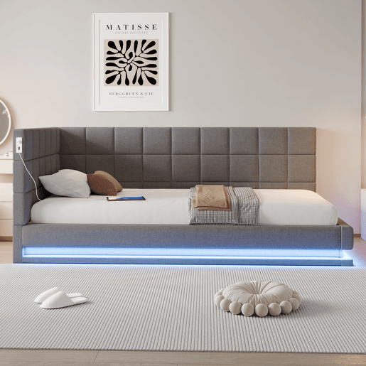 Sofá-cama 90*200 - Multifuncional com faixa LED, entrada USB e estrado, tecido de linho - Cinza