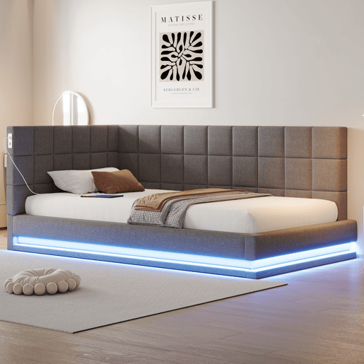 Sofá-cama 90*200 - Multifuncional com faixa LED, entrada USB e estrado, tecido de linho - Cinza