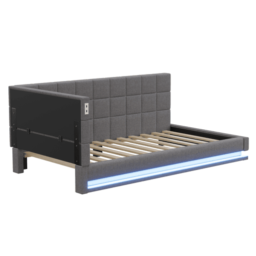 Sofá-cama 90*200 - Multifuncional com faixa LED, entrada USB e estrado, tecido de linho - Cinza
