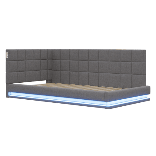 Sofá-cama 90*200 - Multifuncional com faixa LED, entrada USB e estrado, tecido de linho - Cinza