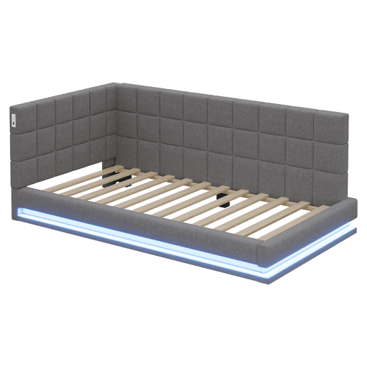 Sofá-cama 90*200 - Multifuncional com faixa LED, entrada USB e estrado, tecido de linho - Cinza