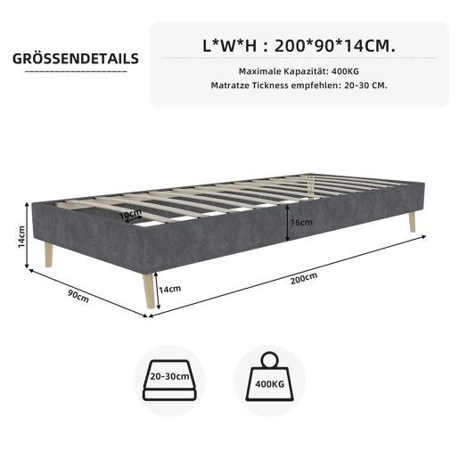 Cama moderna minimalista 90x200 - Base baixa, estilo moderno - Cinza
