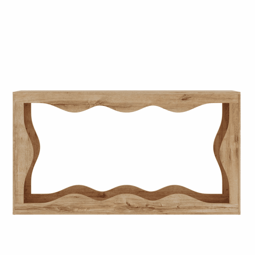 Console de entrada de 2 níveis - design com borda ondulada, mesa comprida com acabamento em imitação de madeira, estante para sala de estar e hall de entrada, borda natural, mesa auxiliar decorativa - Natural