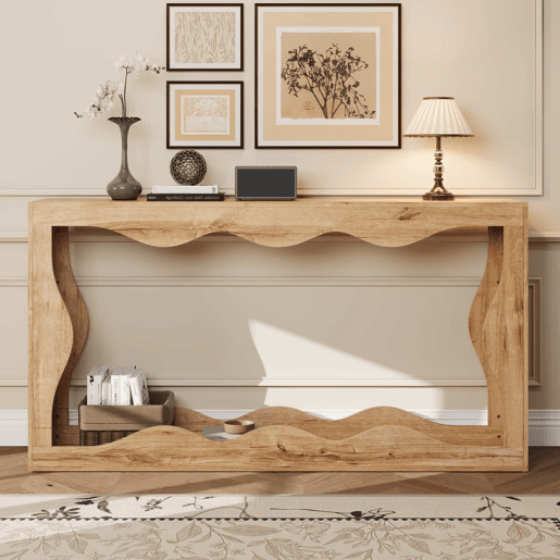 Console de entrada de 2 níveis - design com borda ondulada, mesa comprida com acabamento em imitação de madeira, estante para sala de estar e hall de entrada, borda natural, mesa auxiliar decorativa - Natural