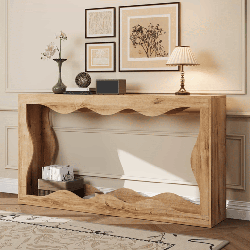 Console de entrada de 2 níveis - design com borda ondulada, mesa comprida com acabamento em imitação de madeira, estante para sala de estar e hall de entrada, borda natural, mesa auxiliar decorativa - Natural