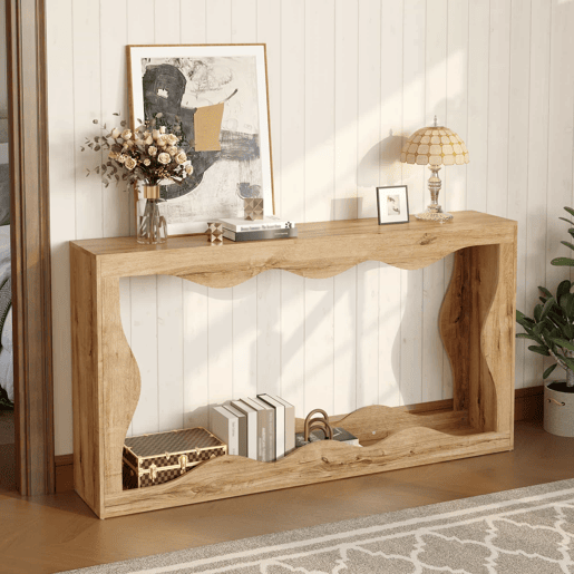 Console de entrada de 2 níveis - design com borda ondulada, mesa comprida com acabamento em imitação de madeira, estante para sala de estar e hall de entrada, borda natural, mesa auxiliar decorativa - Natural