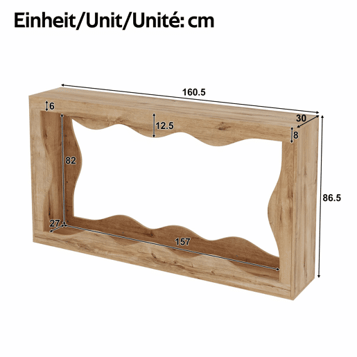 Console de entrada de 2 níveis - design com borda ondulada, mesa comprida com acabamento em imitação de madeira, estante para sala de estar e hall de entrada, borda natural, mesa auxiliar decorativa - Natural