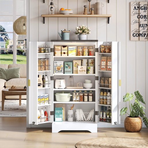 Aparador 120x60,5x40 cm - Com luz LED, prateleiras ajustáveis, design moderno - Branco