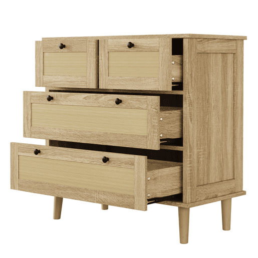 Cômoda com 4 gavetas - Gavetas de rattan, armário de arrumação, pés em madeira maciça - Natural