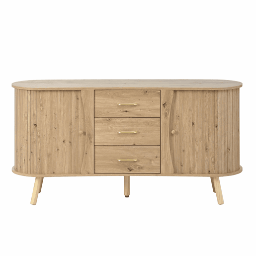 Aparador de dimensões não especificadas - design ondulado com ranhuras, duas portas de correr, três gavetas, prateleiras ajustáveis, pés em madeira maciça, estilo escandinavo moderno, MDF - Natural