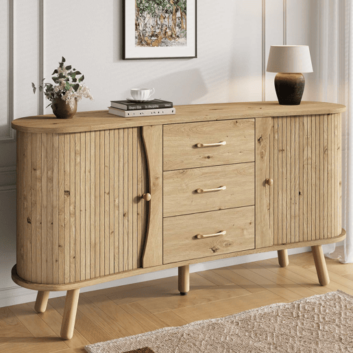 Aparador de dimensões não especificadas - design ondulado com ranhuras, duas portas de correr, três gavetas, prateleiras ajustáveis, pés em madeira maciça, estilo escandinavo moderno, MDF - Natural