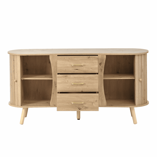 Aparador de dimensões não especificadas - design ondulado com ranhuras, duas portas de correr, três gavetas, prateleiras ajustáveis, pés em madeira maciça, estilo escandinavo moderno, MDF - Natural