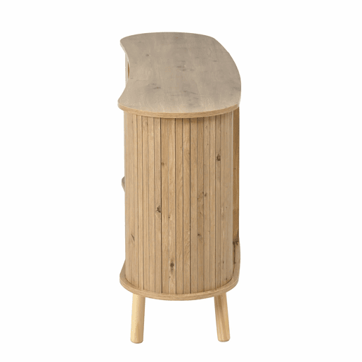 Aparador de dimensões não especificadas - design ondulado com ranhuras, duas portas de correr, três gavetas, prateleiras ajustáveis, pés em madeira maciça, estilo escandinavo moderno, MDF - Natural