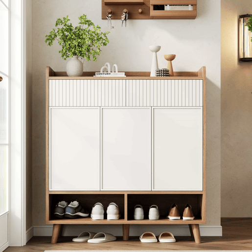Aparador para sapatos 90x35x100 cm - 3 portas, 2 gavetas, pés de madeira, para corredor e hall de entrada - Branco e madeira natural