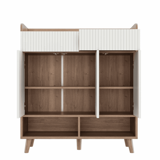 Aparador para sapatos 90x35x100 cm - 3 portas, 2 gavetas, pés de madeira, para corredor e hall de entrada - Branco e madeira natural