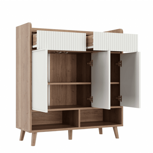Aparador para sapatos 90x35x100 cm - 3 portas, 2 gavetas, pés de madeira, para corredor e hall de entrada - Branco e madeira natural