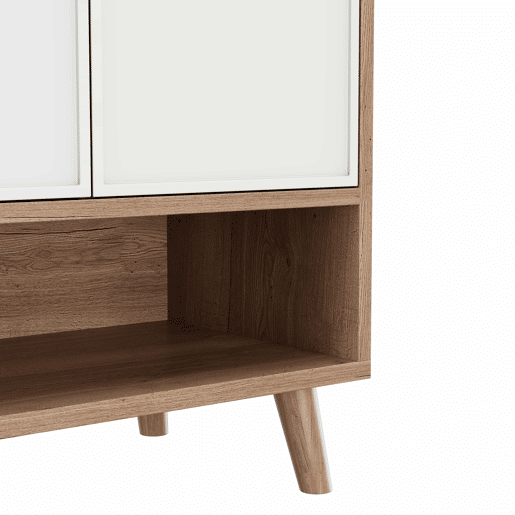 Aparador para sapatos 90x35x100 cm - 3 portas, 2 gavetas, pés de madeira, para corredor e hall de entrada - Branco e madeira natural