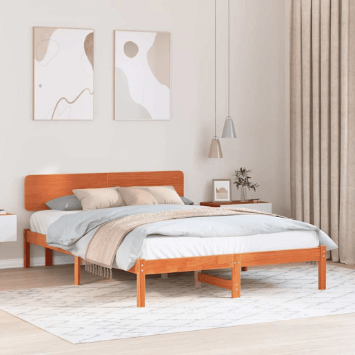 Estrutura de cama de casal simple com cabeceira - Marrom Cera 200 x 200 cm