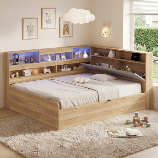Cama individual 140x200 cm - cama juvenil com arrumação hidráulica, LED e porta USB - cor natural