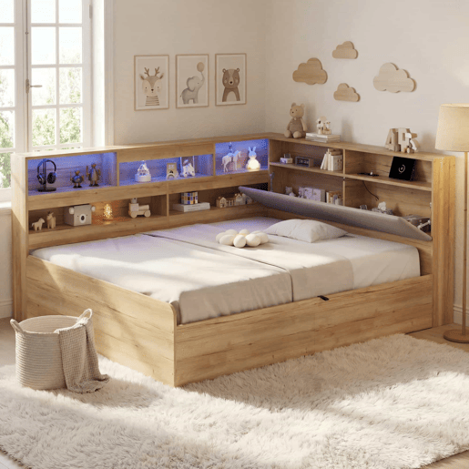 Cama individual 140x200 cm - cama juvenil com arrumação hidráulica, LED e porta USB - cor natural