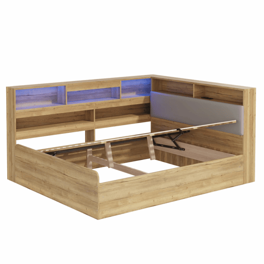 Cama individual 140x200 cm - cama juvenil com arrumação hidráulica, LED e porta USB - cor natural