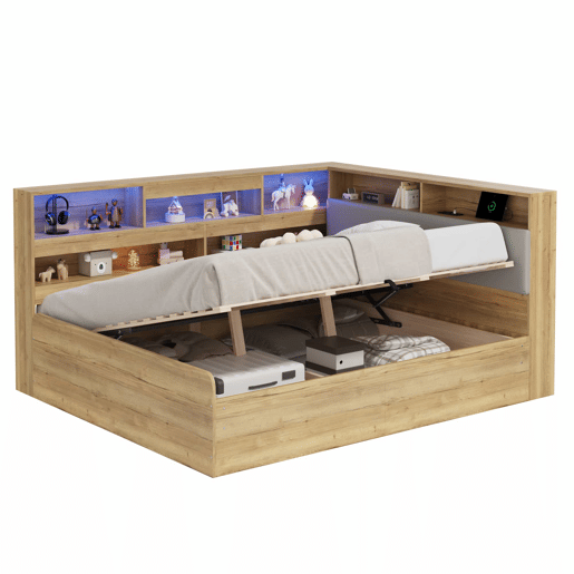 Cama individual 140x200 cm - cama juvenil com arrumação hidráulica, LED e porta USB - cor natural