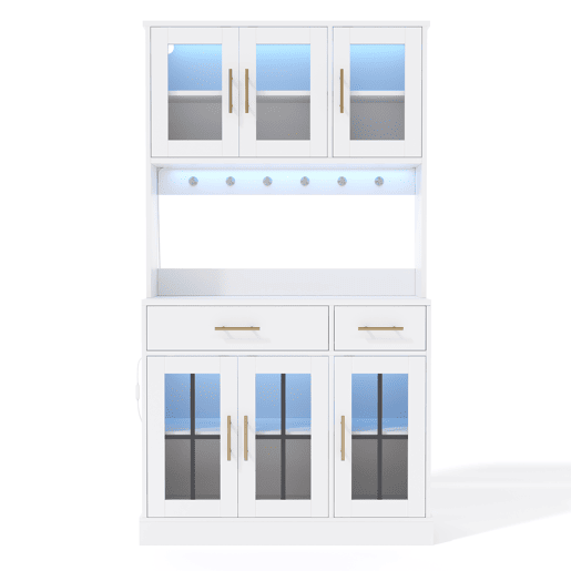 Aparador 180x100 - 6 portas, 2 gavetas, LED, tomada, prateleiras ajustáveis, estilo rústico - Branco