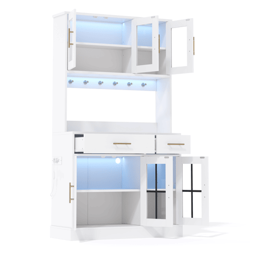 Aparador 180x100 - 6 portas, 2 gavetas, LED, tomada, prateleiras ajustáveis, estilo rústico - Branco