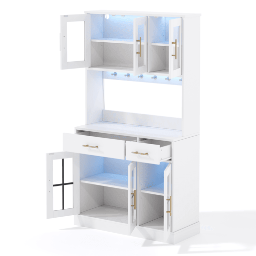 Aparador 180x100 - 6 portas, 2 gavetas, LED, tomada, prateleiras ajustáveis, estilo rústico - Branco