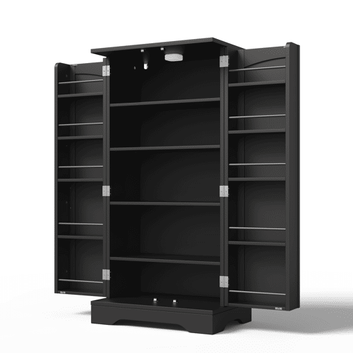 Aparador 115x40x180 cm - Com iluminação LED, controlo por aplicação, 4 portas, 5 gavetas - Preto, Natural