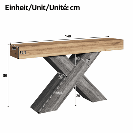 Mesa de console estreita - pés em X, efeito madeira, tampo em aglomerado, para a entrada e a sala de estar, mesa auxiliar - Natural