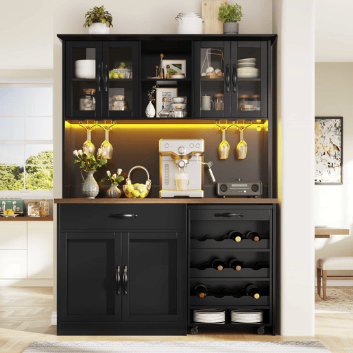 Armário de cozinha de 140 cm u2013 com gaveta extraível, iluminação LED, despensa com suporte para garrafas e copos, aparador iluminado para sala de estar e de jantar u2013 Preto