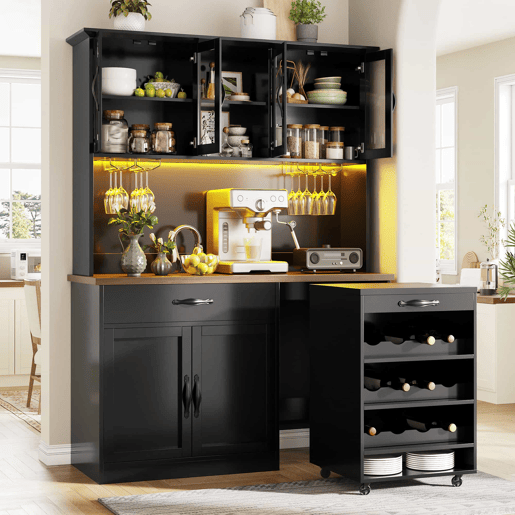 Armário de cozinha de 140 cm u2013 com gaveta extraível, iluminação LED, despensa com suporte para garrafas e copos, aparador iluminado para sala de estar e de jantar u2013 Preto