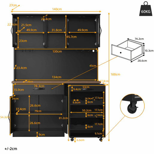Armário de cozinha de 140 cm u2013 com gaveta extraível, iluminação LED, despensa com suporte para garrafas e copos, aparador iluminado para sala de estar e de jantar u2013 Preto