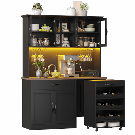 Armário de cozinha de 140 cm u2013 com gaveta extraível, iluminação LED, despensa com suporte para garrafas e copos, aparador iluminado para sala de estar e de jantar u2013 Preto