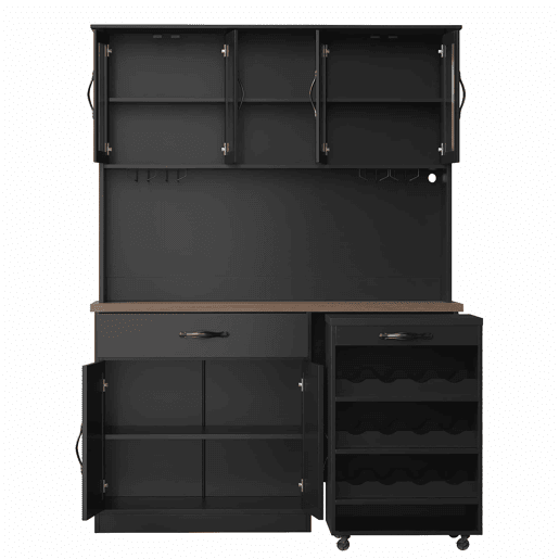 Armário de cozinha de 140 cm u2013 com gaveta extraível, iluminação LED, despensa com suporte para garrafas e copos, aparador iluminado para sala de estar e de jantar u2013 Preto