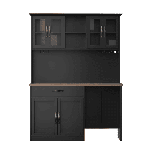 Armário de cozinha de 140 cm u2013 com gaveta extraível, iluminação LED, despensa com suporte para garrafas e copos, aparador iluminado para sala de estar e de jantar u2013 Preto