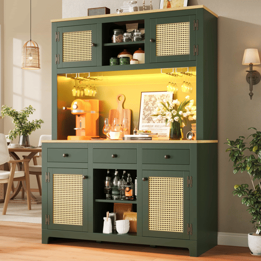 Armário alto com LED - Rattan PE com sistema de iluminação LED, proteção anti-tombamento, prateleiras ajustáveis e gavetas, estilo vintage para cozinha, sala de estar e sala de jantar - Verde antigo