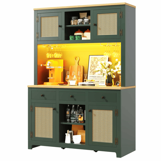 Armário alto com LED - Rattan PE com sistema de iluminação LED, proteção anti-tombamento, prateleiras ajustáveis e gavetas, estilo vintage para cozinha, sala de estar e sala de jantar - Verde antigo