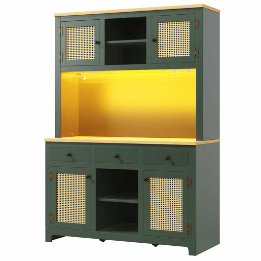 Armário alto com LED - Rattan PE com sistema de iluminação LED, proteção anti-tombamento, prateleiras ajustáveis e gavetas, estilo vintage para cozinha, sala de estar e sala de jantar - Verde antigo