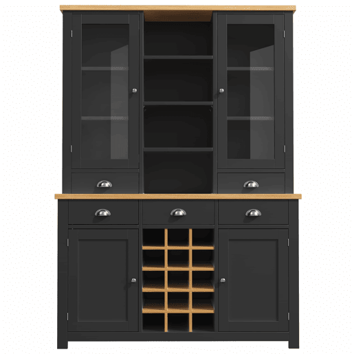 Armário alto multifuncional para casa, sem dimensões específicas - sistema anti-tombamento, porta de vidro, puxadores metálicos, função de fecho suave, prateleira para garrafas extraível - Preto