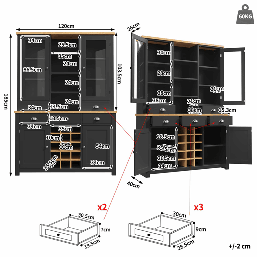 Armário alto multifuncional para casa, sem dimensões específicas - sistema anti-tombamento, porta de vidro, puxadores metálicos, função de fecho suave, prateleira para garrafas extraível - Preto