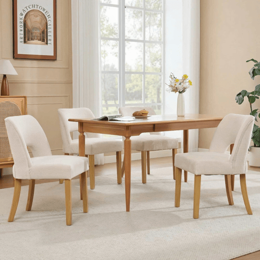 Conjunto de 4 cadeiras de jantar - confortáveis e respiráveis, estilo moderno, tecido de linho, pernas em madeira maciça - bege