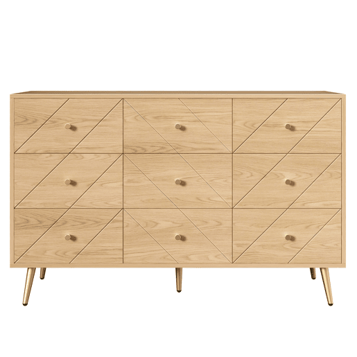Cômoda moderna com 9 gavetas - Design geométrico elegante - Cor natural