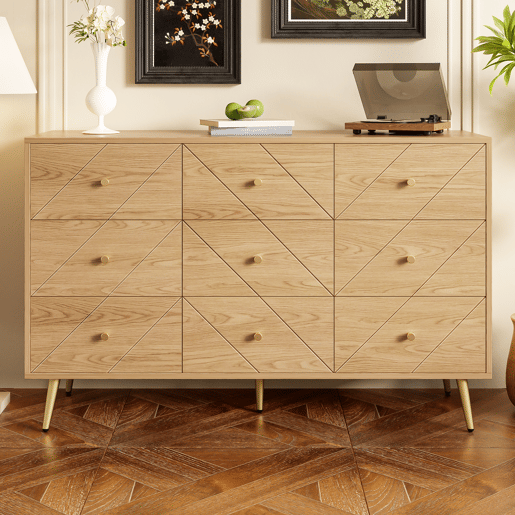 Cômoda moderna com 9 gavetas - Design geométrico elegante - Cor natural