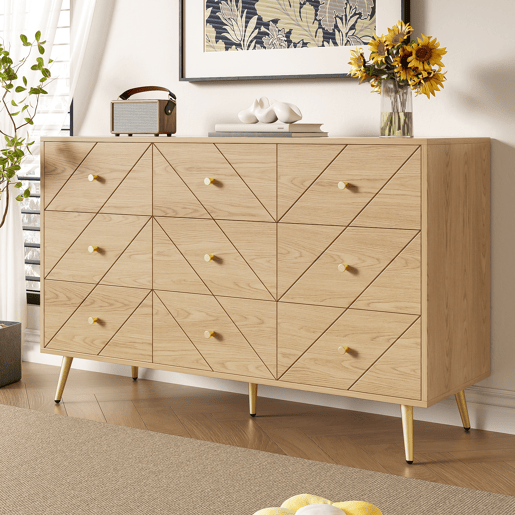 Cômoda moderna com 9 gavetas - Design geométrico elegante - Cor natural