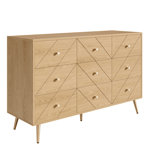 Cômoda moderna com 9 gavetas - Design geométrico elegante - Cor natural