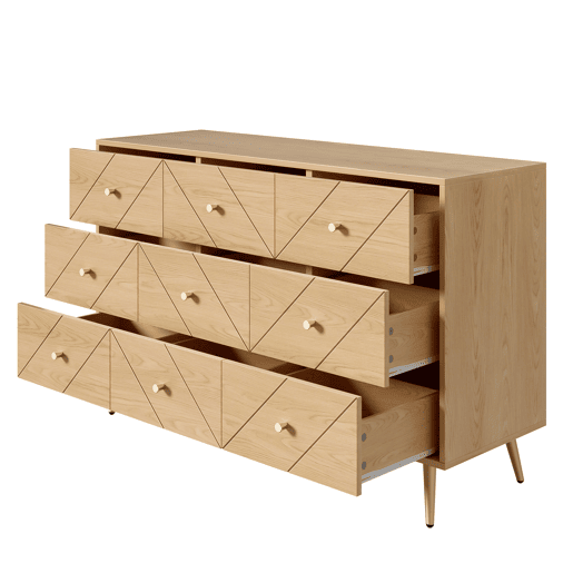 Cômoda moderna com 9 gavetas - Design geométrico elegante - Cor natural