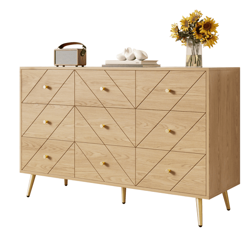 Cômoda moderna com 9 gavetas - Design geométrico elegante - Cor natural