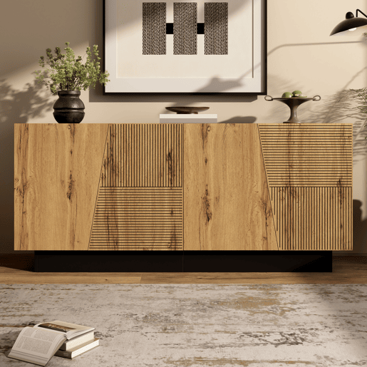 Aparador 160 cm - grande capacidade de armazenamento, design geométrico, prateleira ajustável - PretoMadeira